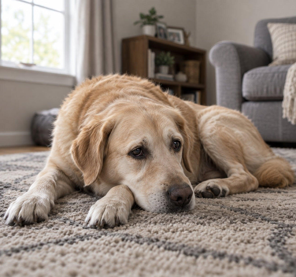 Older golden dog lying on a living-room rug, resting its head on its paws